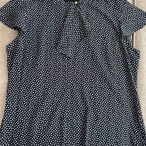 Jones New York Blue Ruffle Front and sleeve blouse with gold button at neck